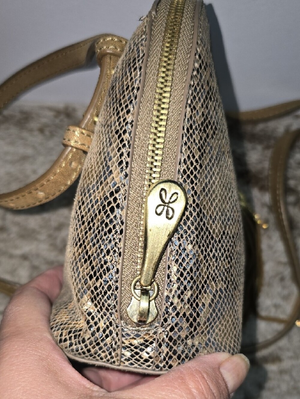 HOBO Metallic Gold Snake-Print Crossbody with Tassel - Picture 3 of 7